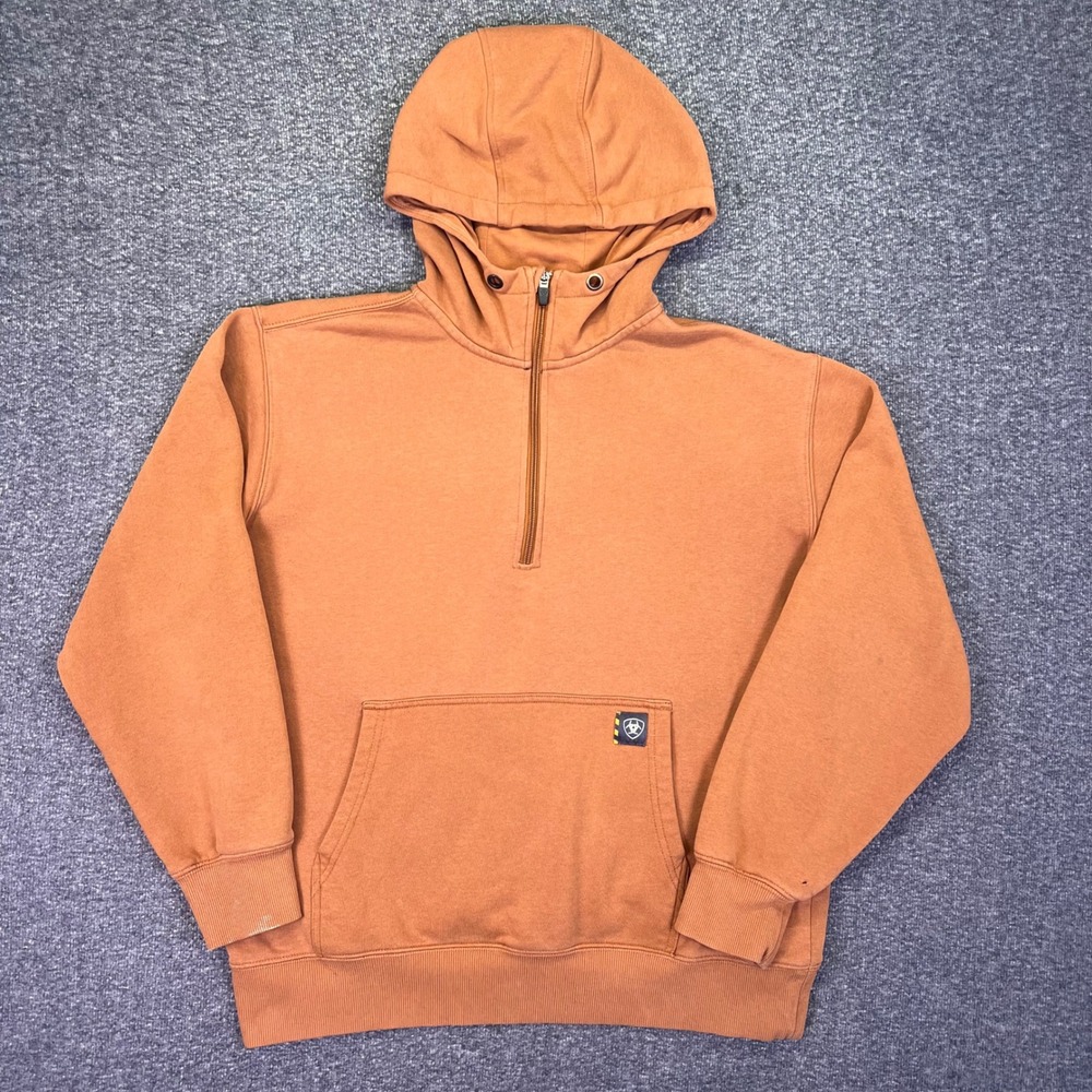 Ariat Rebar Workman Hoodie Mens L Orange 1/4 Zip Water Repellent Fleece Workwear